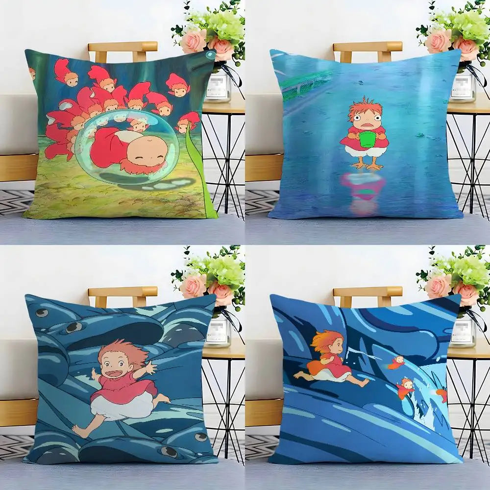 A set of four decorative pillow covers featuring cartoon characters in vibrant colors and nature themes.