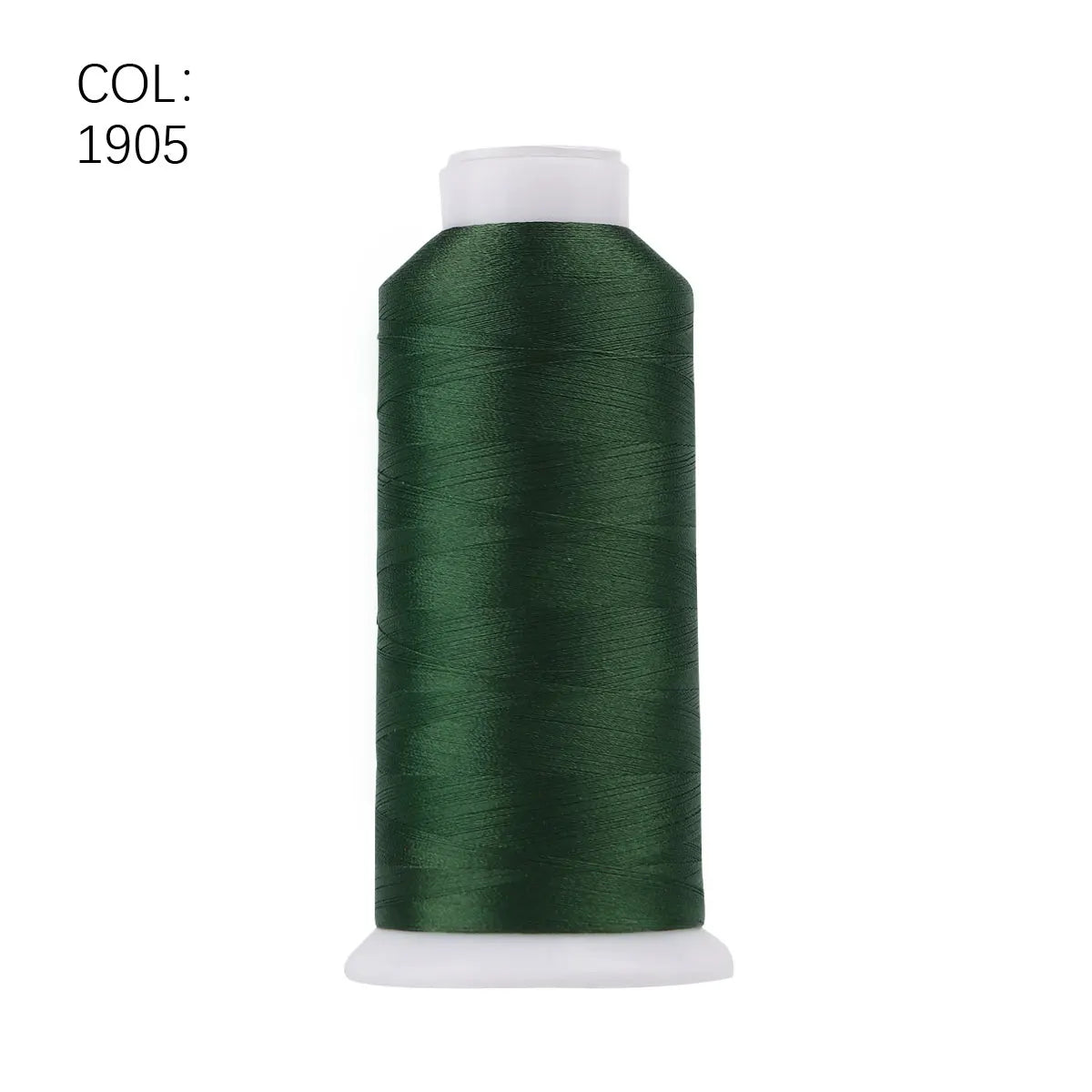 A roll of dark green polyester embroidery thread with a white core.