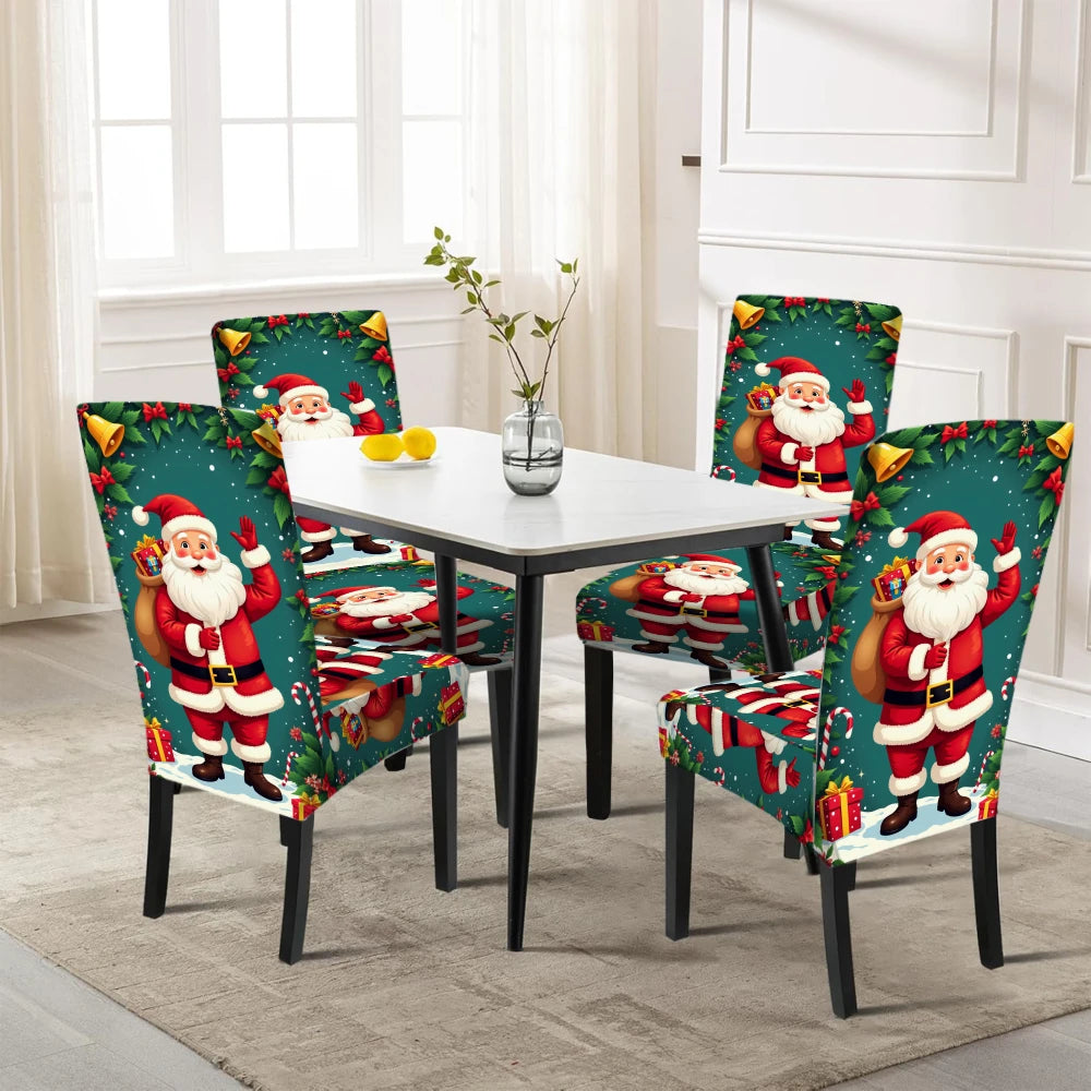 A set of four stretch chair covers featuring a Santa Claus pattern on a dining table.