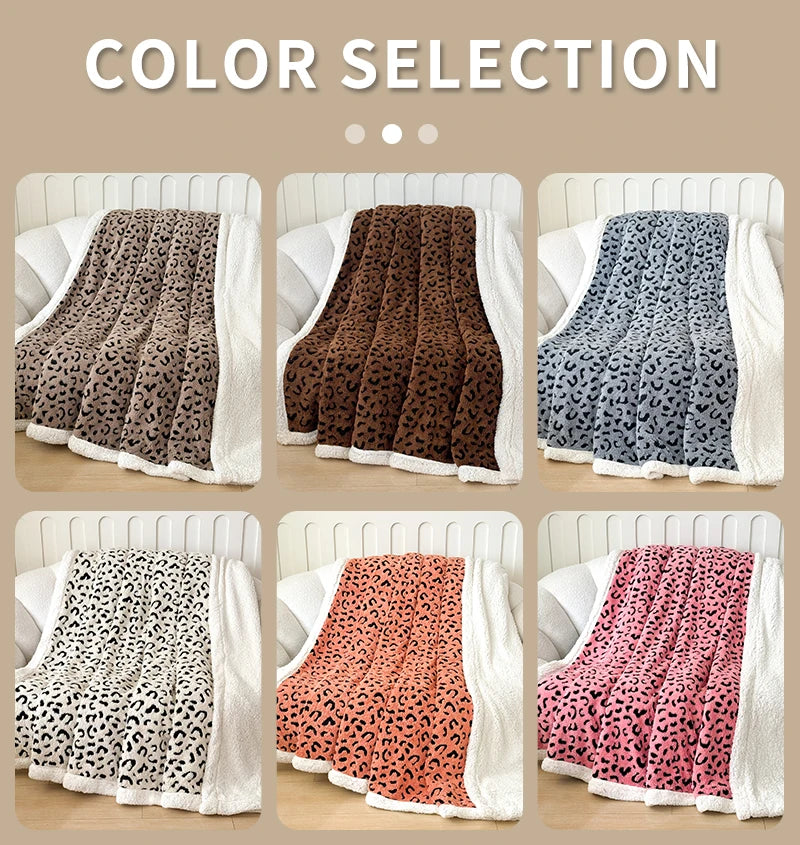 A collection of leopard print jacquard knit throw blankets in various shades and textures displayed on a light wooden surface