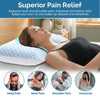 A person is using a cooling memory foam pillow for pain relief, with various pain conditions shown below.