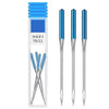 A set of precision sewing machine anti-jump needles in a clear plastic container with blue and silver tips.
