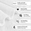 A white plush throw blanket with various features listed, including fluffiness, high quality, no pilling, no shedding, and a 