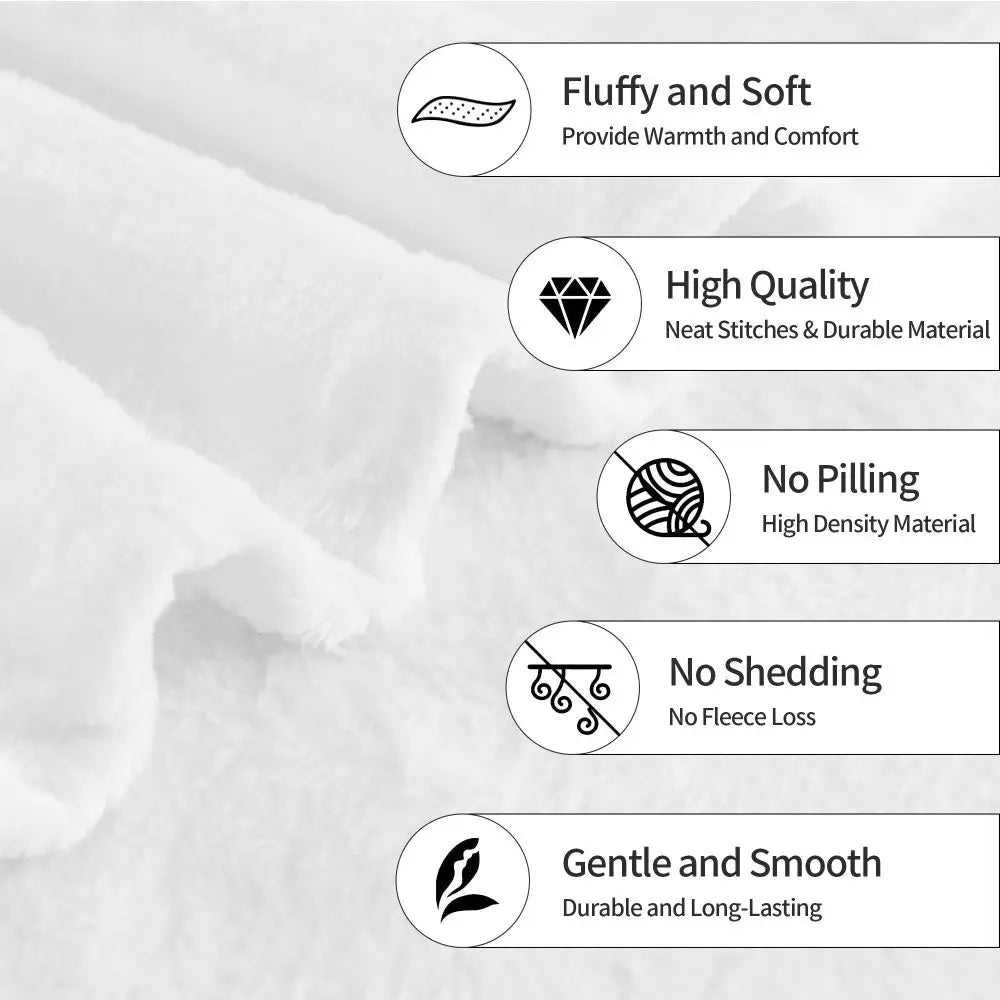 A white plush throw blanket with various features listed, including fluffiness, high quality, no pilling, no shedding, and a 