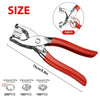 A pair of silver metal prong rings and snap buttons used as DIY sewing tools with red handles.