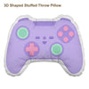 A purple 3D shaped stuffed throw pillow designed like a video game controller.