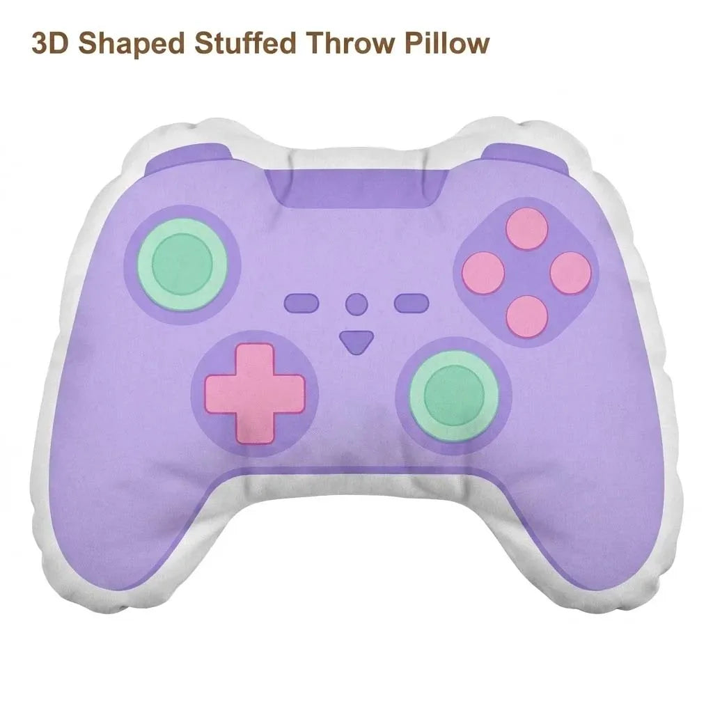 A purple 3D shaped stuffed throw pillow designed like a video game controller.