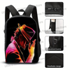 Black backpack featuring a vibrant illustration of a person in a red and orange outfit.