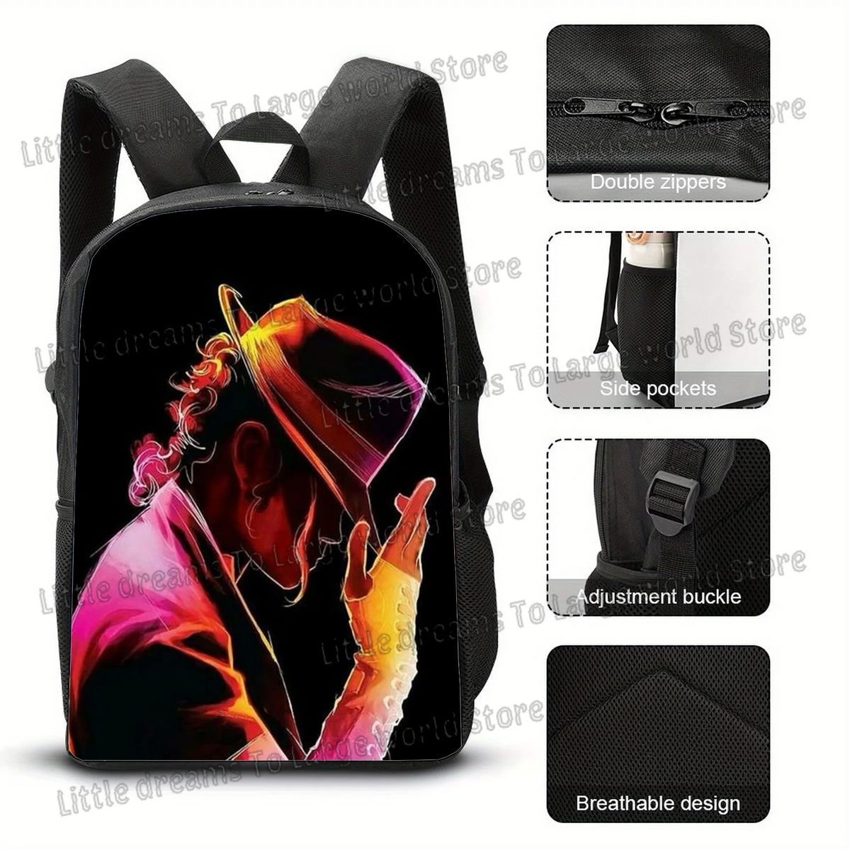 Black backpack featuring a vibrant illustration of a person in a red and orange outfit.