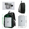 A black backpack with a green leaf pattern, shown alongside its disassembled components and a MacBook Air.