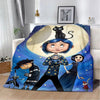 An animated print blanket featuring a character resembling a girl with blue hair and a black cat against a starry background.