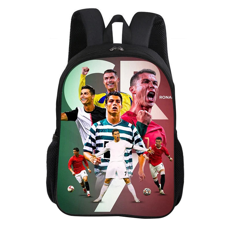 A black sports backpack featuring a graphic of several male football players celebrating.