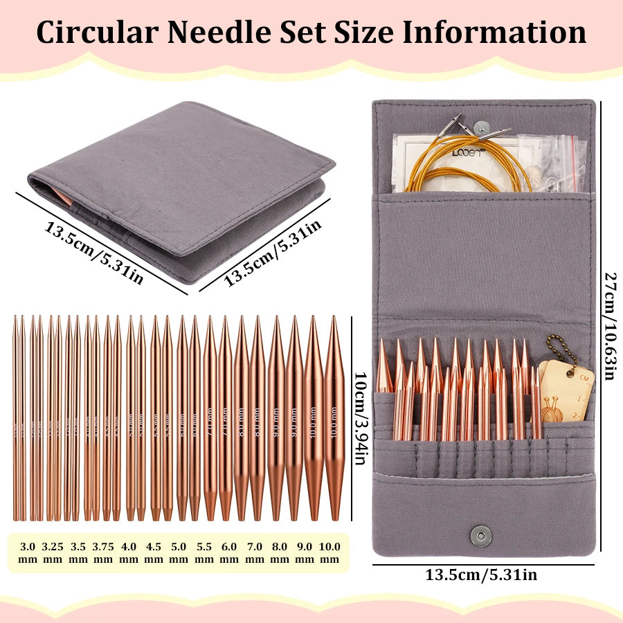 A gray aluminum circular needle set with storage case and individual needles displayed.