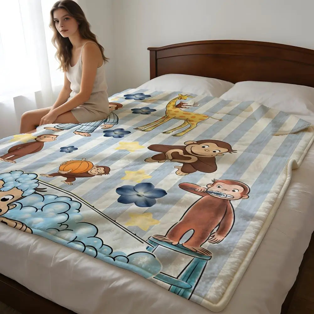 A C-Curious George plush throw blanket featuring various characters like George and a lion on a striped background.