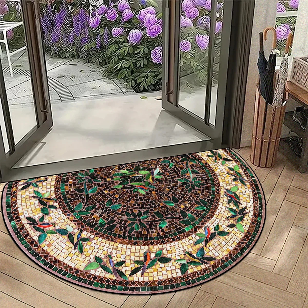 A semi-circular mosaic floor mat with a vintage floral print featuring greens, purples, and yellows on a light wood floor.
