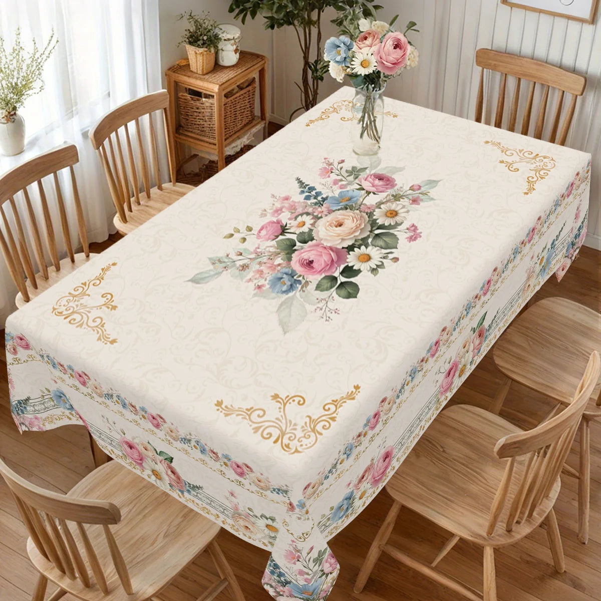 A vintage pink rose sunflower floral tablecloth displayed on a wooden dining table with chairs and potted plants.