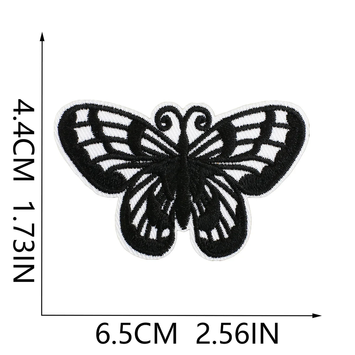 Black embroidered butterfly patch measuring 4.4cm by 1.73in.