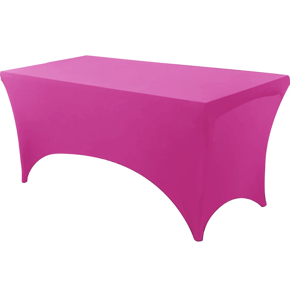 A vibrant magenta stretch tablecloth set used for dining or event decor.