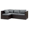 Dark brown wicker outdoor sofa with gray cushions and backrest covers.