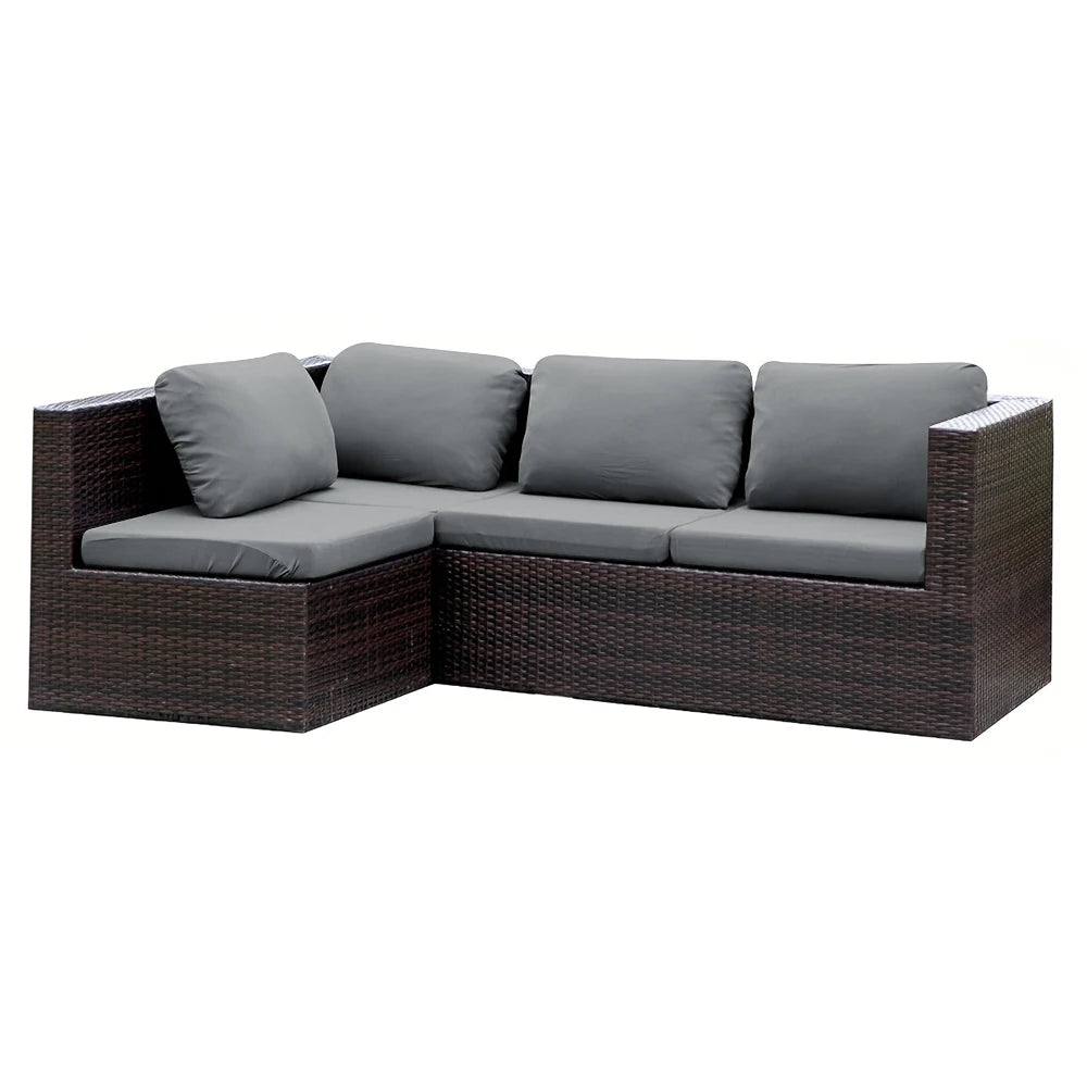 Dark brown wicker outdoor sofa with gray cushions and backrest covers.