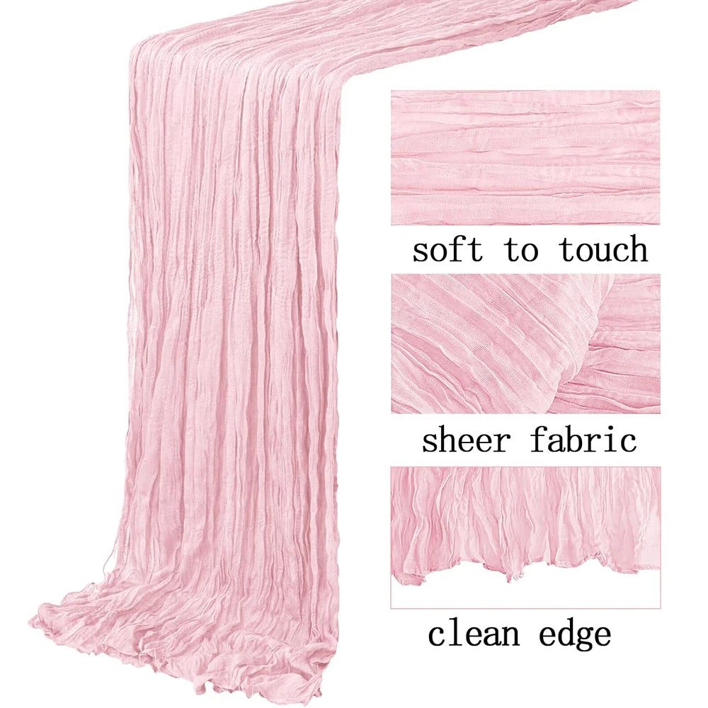 Pink boho gauze table runner showing soft texture, sheer fabric, and clean edge detail.
