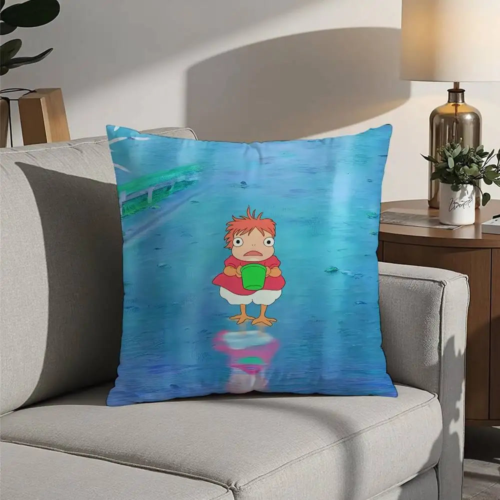 A decorative pillow cover featuring a cartoon character with orange hair and green clothing against a blue water background.