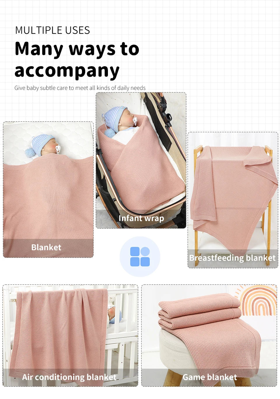 Various uses for a pink All-Season Cotton Baby Swaddle Blanket including infant wrap, breastfeeding blanket, air conditioning