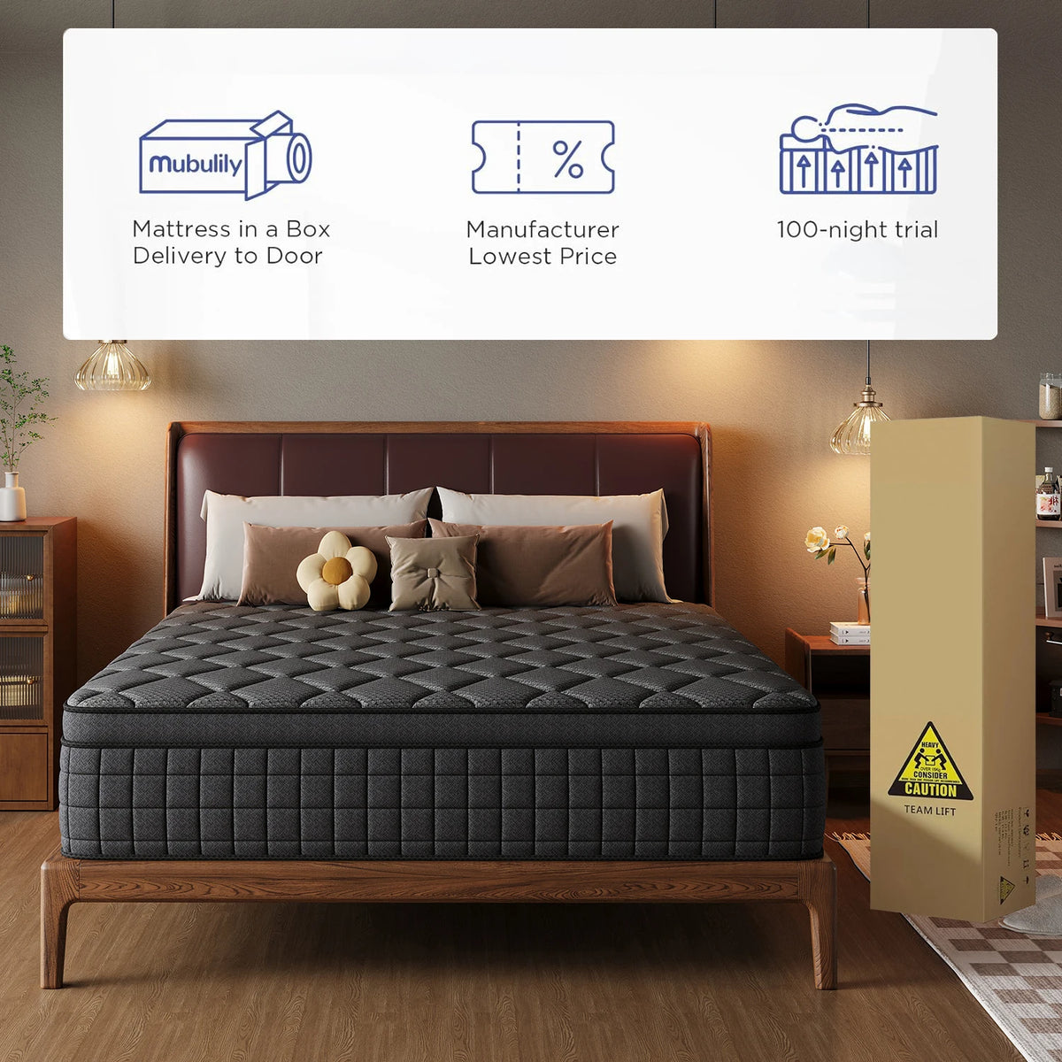 A dark gray hybrid memory foam and pocket spring mattress displayed on a wooden bed frame in a bedroom setting.