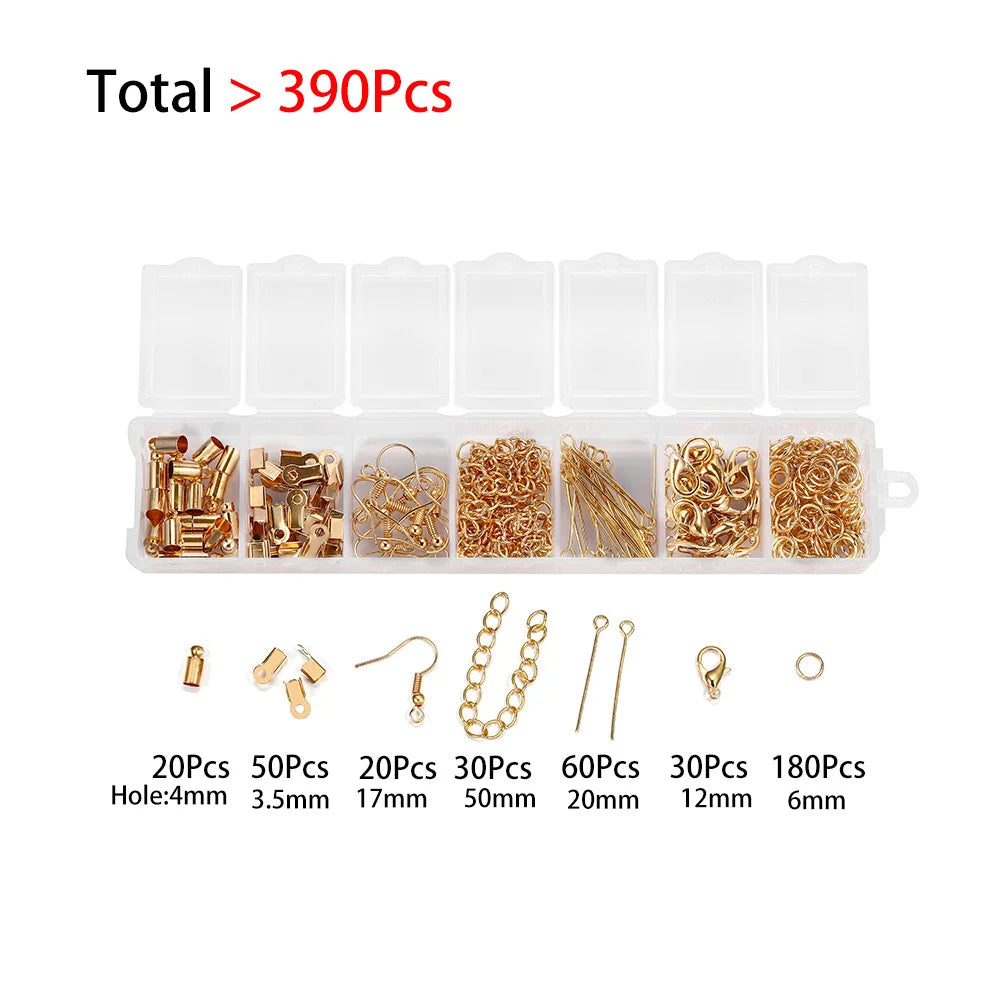A set of bulk jewelry making findings including various sizes and types of gold-colored components like clasps, jump rings, a