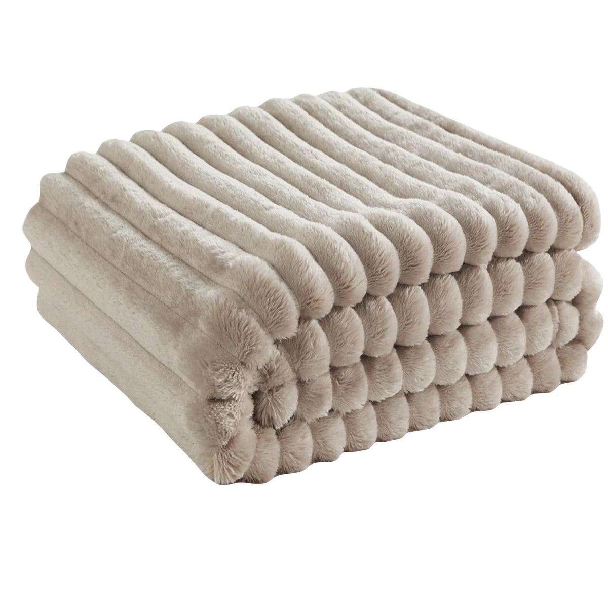 A beige flannel throw blanket with a fluffy, ribbed texture is shown folded.