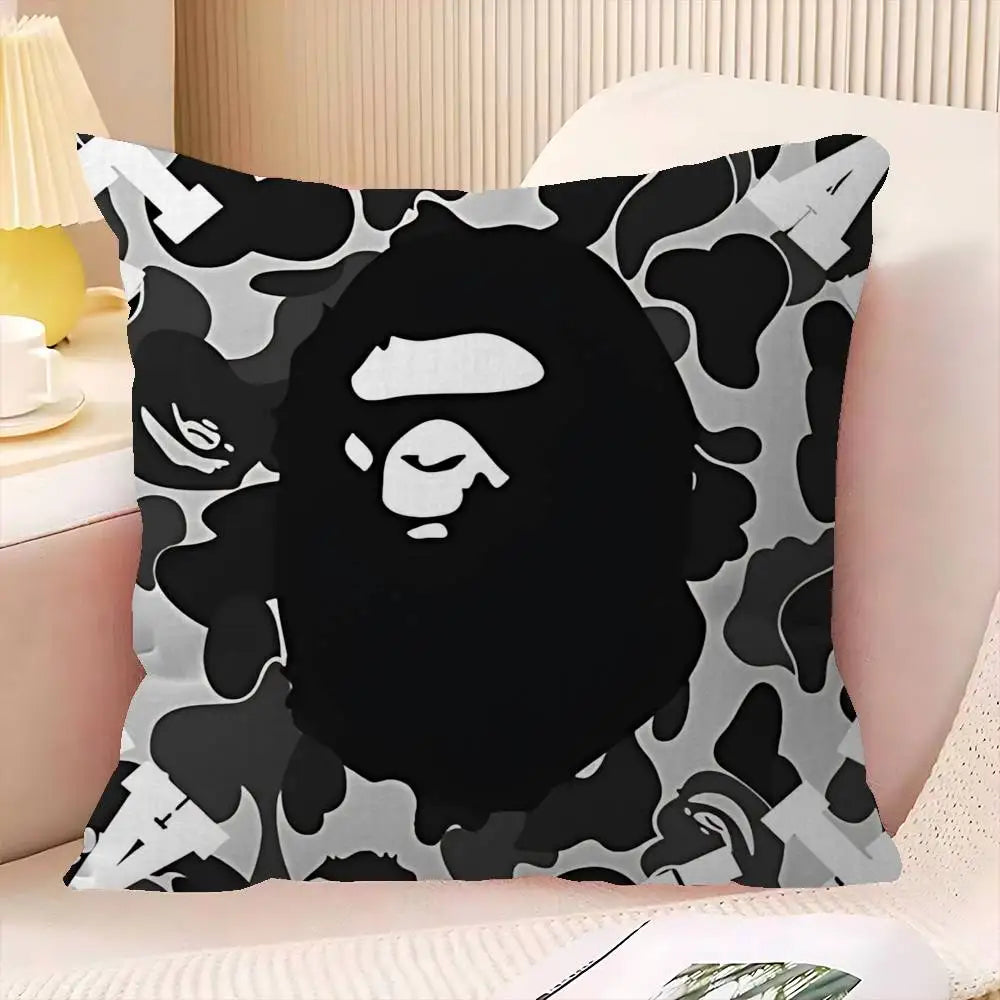 A decorative pillow cover featuring a black silhouette of a bearded man in a camouflage pattern on a light background.
