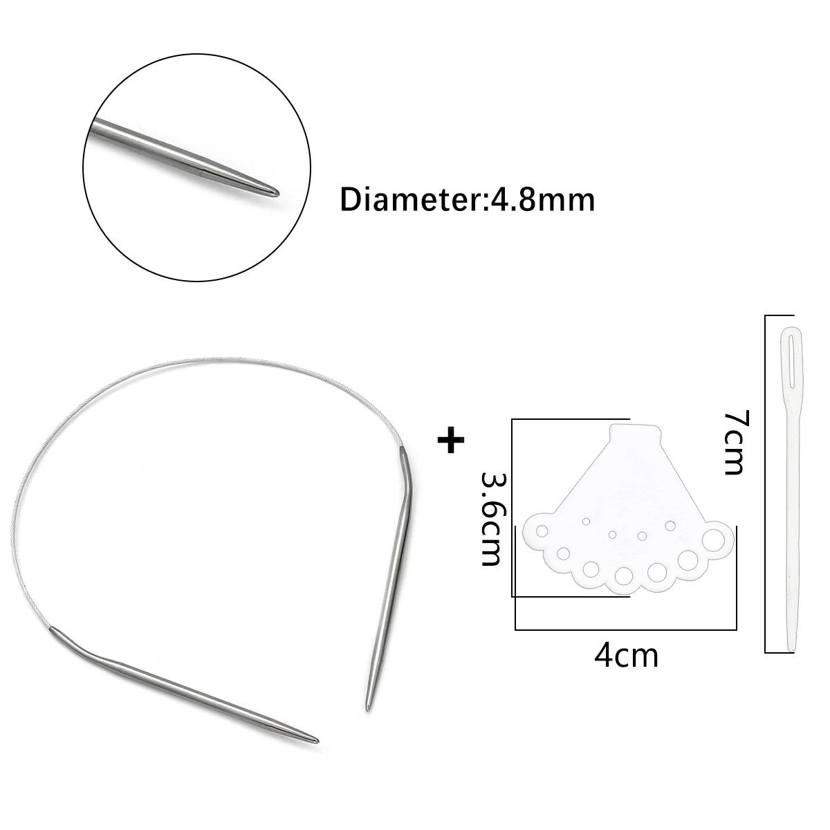 Stainless steel circular knitting needles set showing a needle diameter of 4.8mm and a 7cm length.