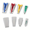 A set of bias tape makers featuring various colored plastic tools and an awl tool for sewing and quilting.