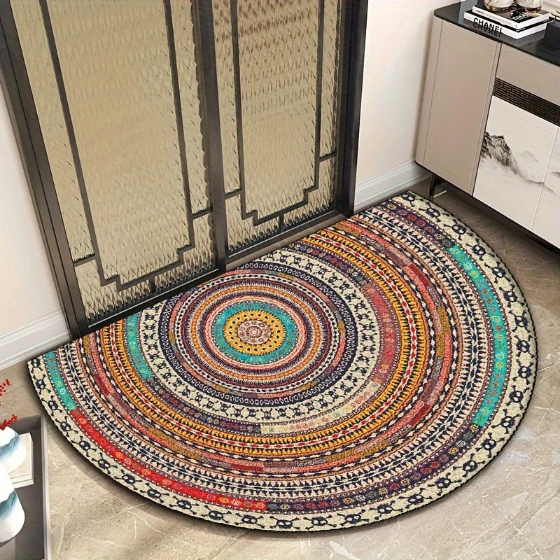A circular boho half-round area rug with intricate geometric patterns in earthy and vibrant colors.