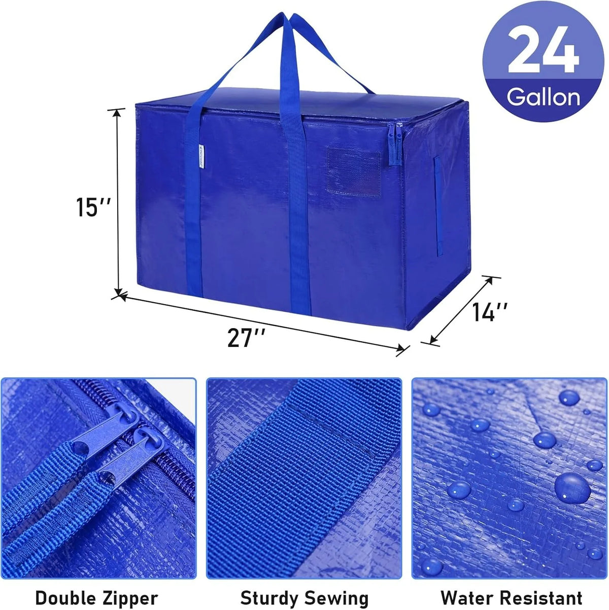 A blue heavy duty extra large storage tote with a handle, showing details of the double zipper, sturdy sewing, and water resi