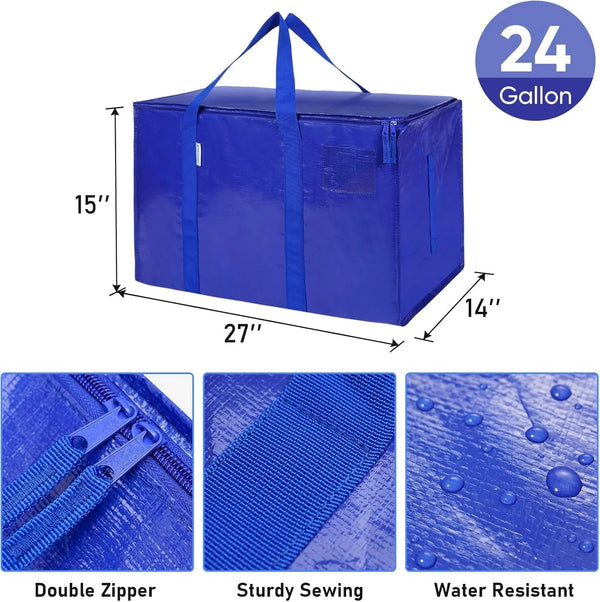 A blue heavy duty extra large storage tote with a handle, showing details of the double zipper, sturdy sewing, and water resi
