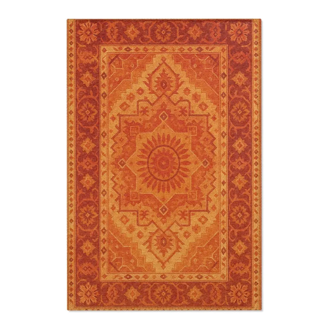 An orange and rust colored area rug with intricate geometric patterns in a bohemian Turkish style.