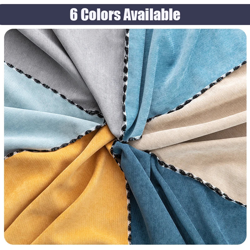 A fabric swatch display showing six colors of waterproof sofa cover blanket folded and draped.