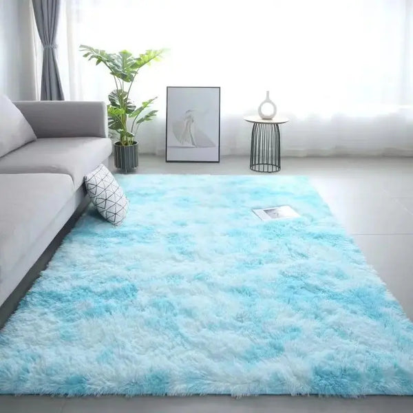 A bright blue fluffy rug placed in a modern living room with a window and a potted plant.