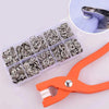 A clear plastic box containing metal snap buttons and a pair of orange pliers for DIY sewing crafts.
