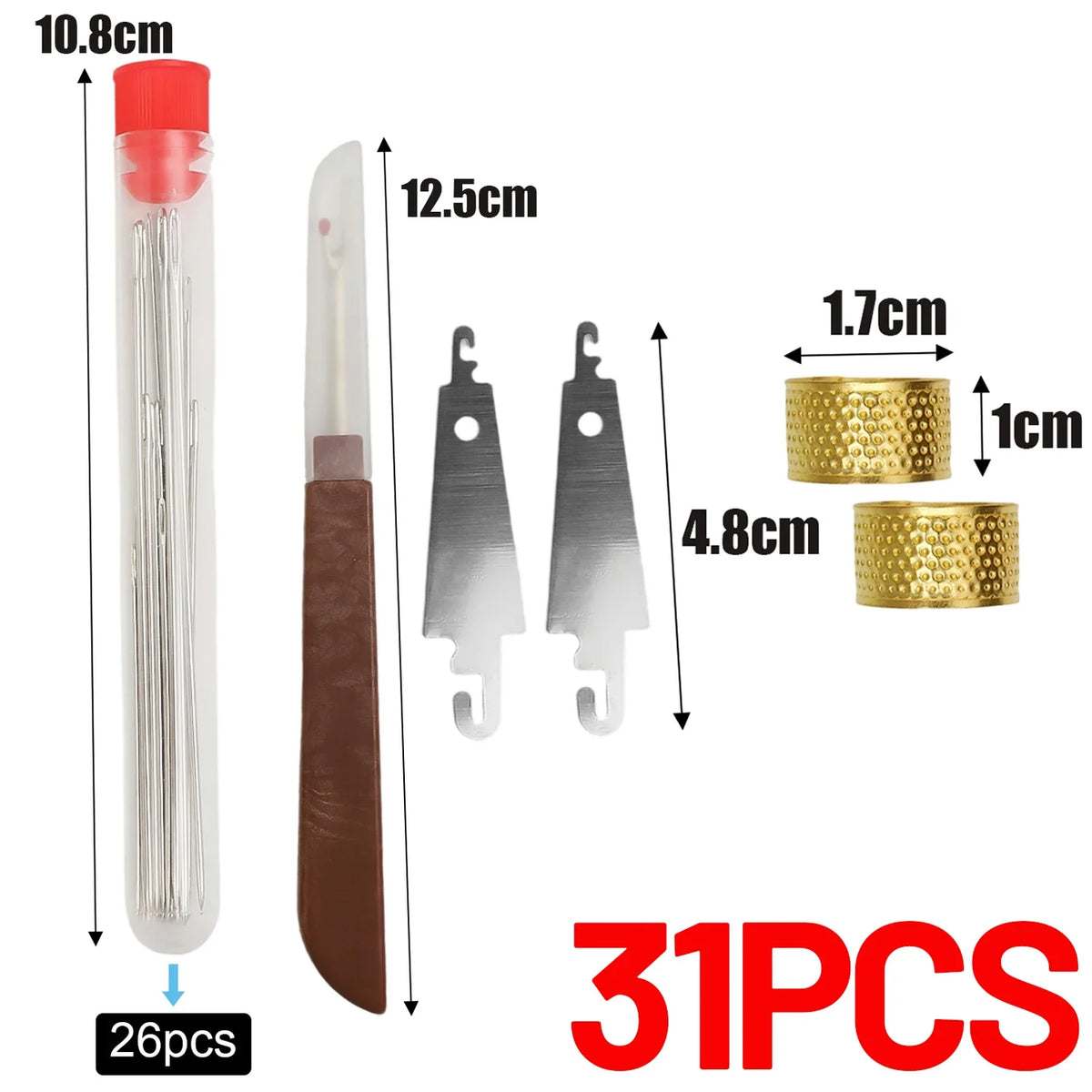 A set of 31 stainless steel sewing needles, including a large eye needle and various sizes.