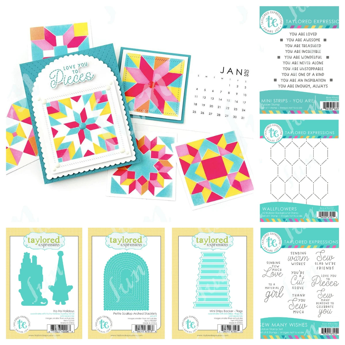 A set of layered quilt squares, stencils, and metal cutting dies for DIY scrapbooking projects.