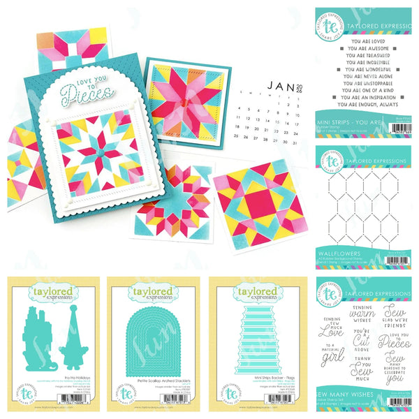 A set of layered quilt squares, stencils, and metal cutting dies for DIY scrapbooking projects.