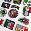 A collection of tactical patches featuring the Mexican flag, eagle, and various patriotic designs.