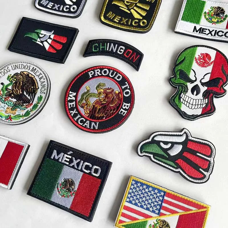 A collection of tactical patches featuring the Mexican flag, eagle, and various patriotic designs.