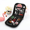 A black zippered pouch containing a complete sewing kit for handicrafts and embroidery, including scissors, needles, and thre