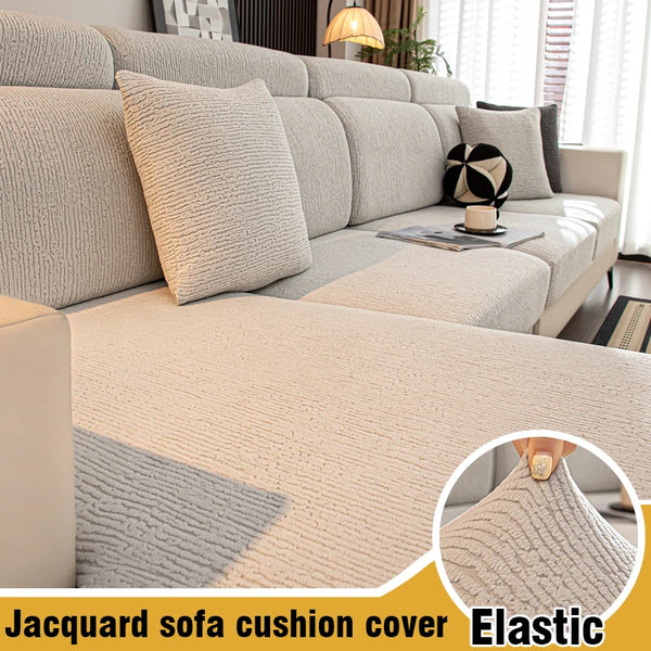A close-up view of a beige jacquard sofa cushion cover made of elastic fabric.