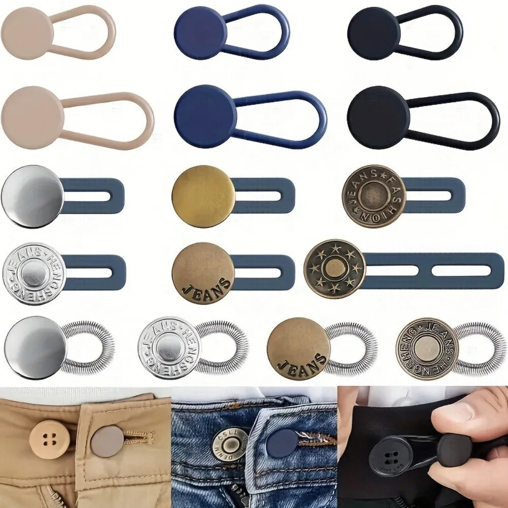 A collection of metal waistbands and extenders in various colors including gold, black, blue, and silver.