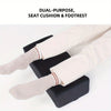 A dual-purpose seat cushion and footrest shown supporting a person's legs and feet.