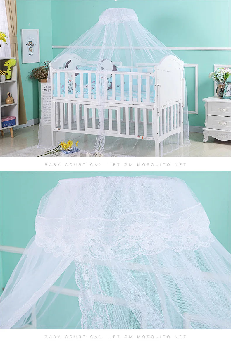 White sheer mosquito net canopy draped over a baby cot for protection